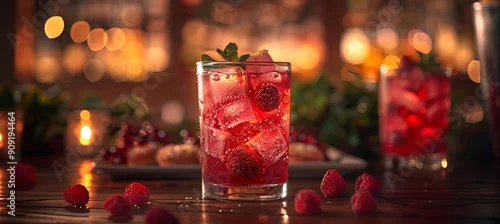 Panel kuchenny z motywem a glass of red drink with ice and berries.  