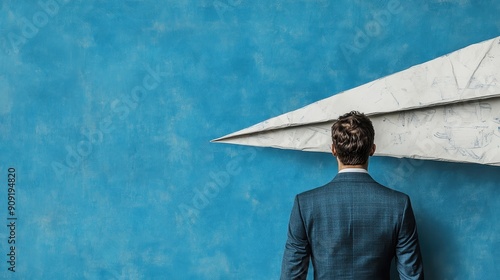 A thought-provoking image of a person in a suit standing in front of a large paper airplane, which represents ambition and the obstacle to achieving dreams, set against a blue background. photo