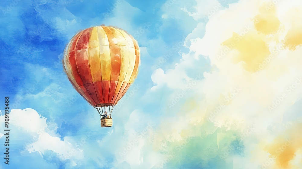 Fototapeta premium Watercolor Painting of a Hot Air Balloon Soaring Through a Cloudy Sky