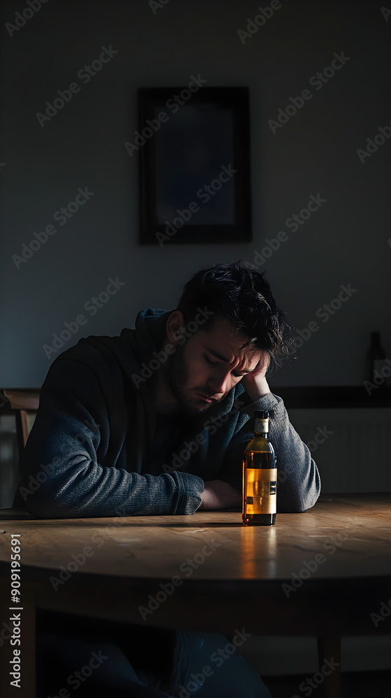 A young drunk man with a troubled expression rests his head on his hand at a dimly lit table, with a bottle of whiskey reflecting warm light beside him A young drunk man with a troubled expression rests his head on his hand at a dimly lit table, with a bottle of whiskey reflecting warm light beside him