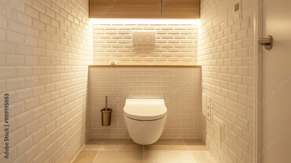 A small modern minimalist bathroom with a sink and toilet, white restroom interior design with warm wood A small modern minimalist bathroom with a sink and toilet, white restroom interior design with warm wood