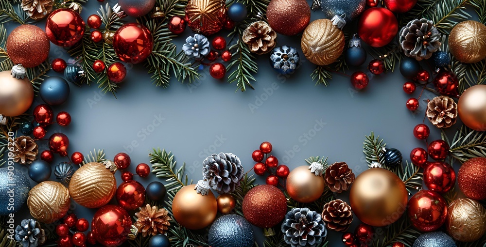 a frame of ornaments and pine cones.
a frame of ornaments and pine cones.