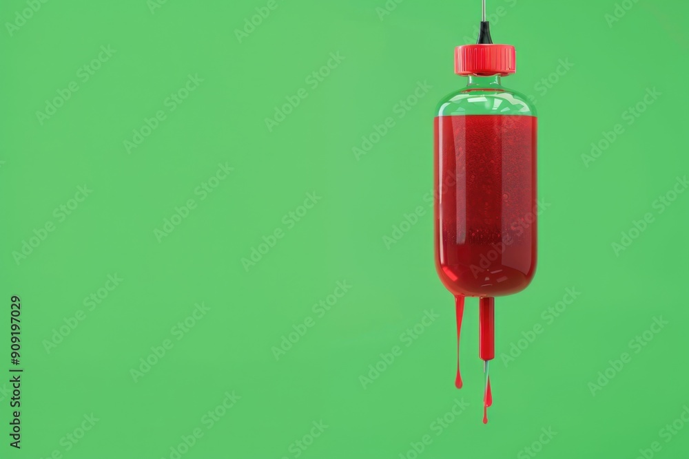 A bloody medical vial with a syringe stuck in it A bloody medical vial with a syringe stuck in it