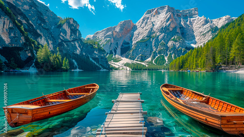 Beautiful boats on the seashore against the backdrop of mountains