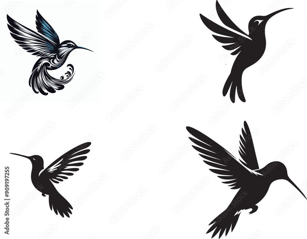 Fototapeta premium hamming birds on silhouette vector art of illustration with white background.