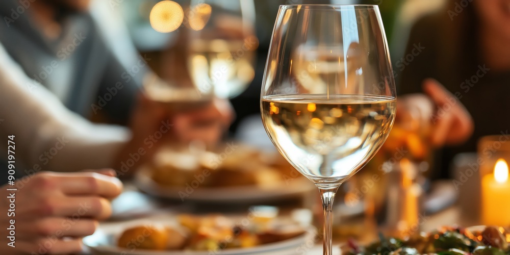 Golden Hour Gatherings: A festive table setting with a focus on a shimmering glass of white wine, capturing the warmth and joy of shared meals and celebrations. Golden Hour Gatherings: A festive table setting with a focus on a shimmering glass of white wine, capturing the warmth and joy of shared meals and celebrations.