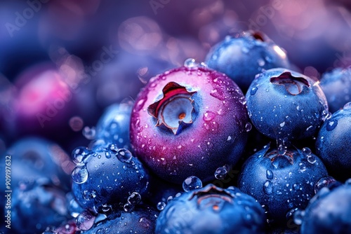 A close-up view of fresh blueberries glistening with water droplets, showcasing their rich color and delicious appeal.