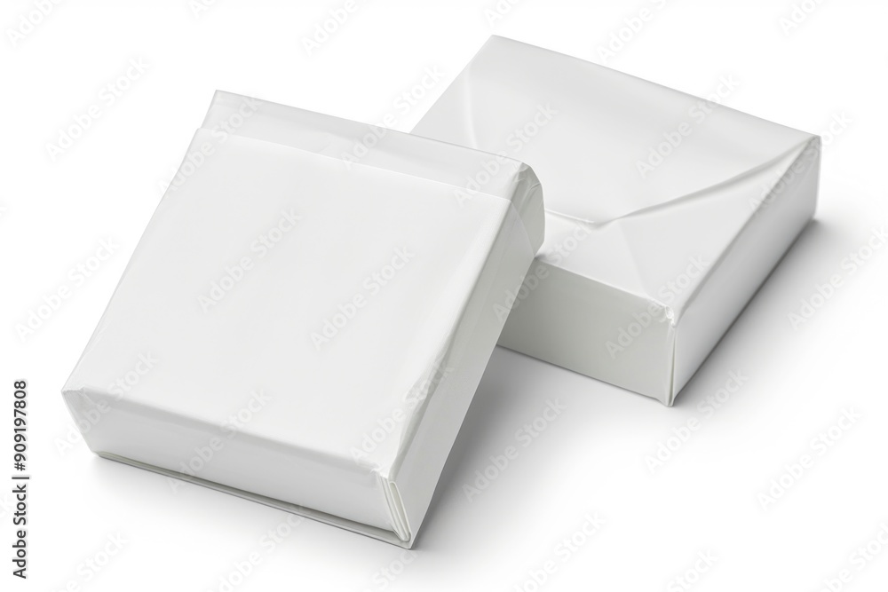 Two white boxes sit together on a surface Two white boxes sit together on a surface
