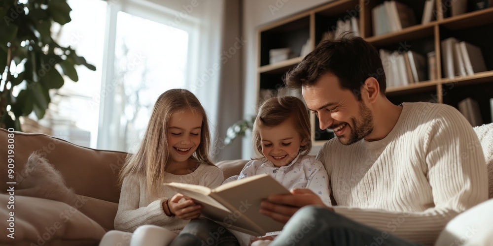Storytime with Dad: A father reads to his two children, fostering a love for literature, imagination, and family bonding. The warm, natural light and cozy living room setting create a sense of intimat Storytime with Dad: A father reads to his two children, fostering a love for literature, imagination, and family bonding. The warm, natural light and cozy living room setting create a sense of intimat