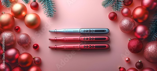 a group of pens on a pink surface.

 photo