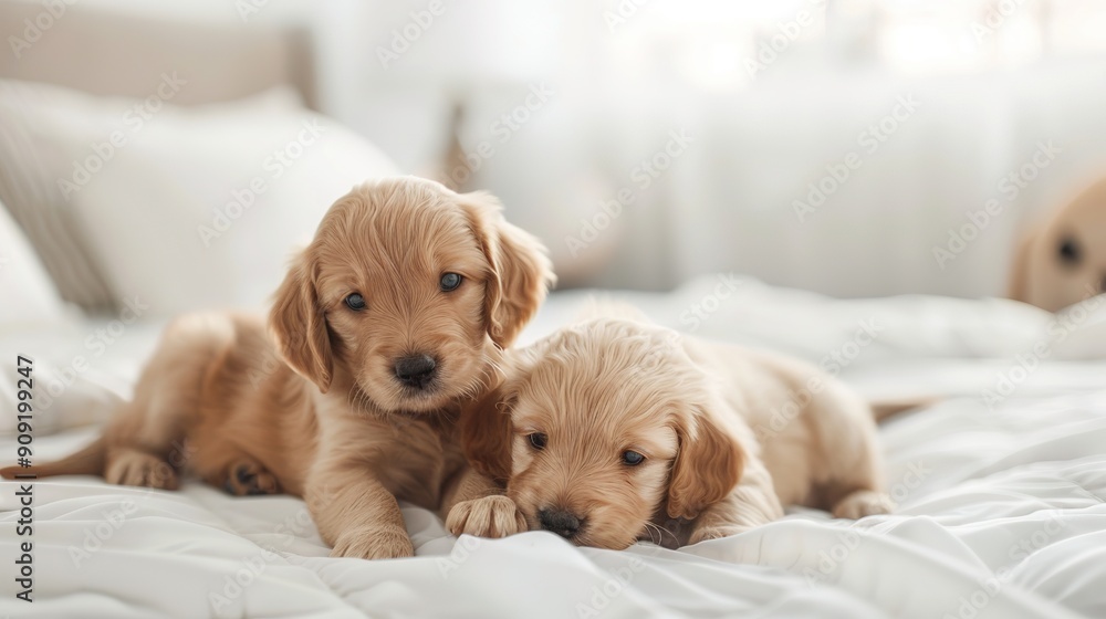 Four Adorable Puppies Lying on a Cozy Bed Four Adorable Puppies Lying on a Cozy Bed