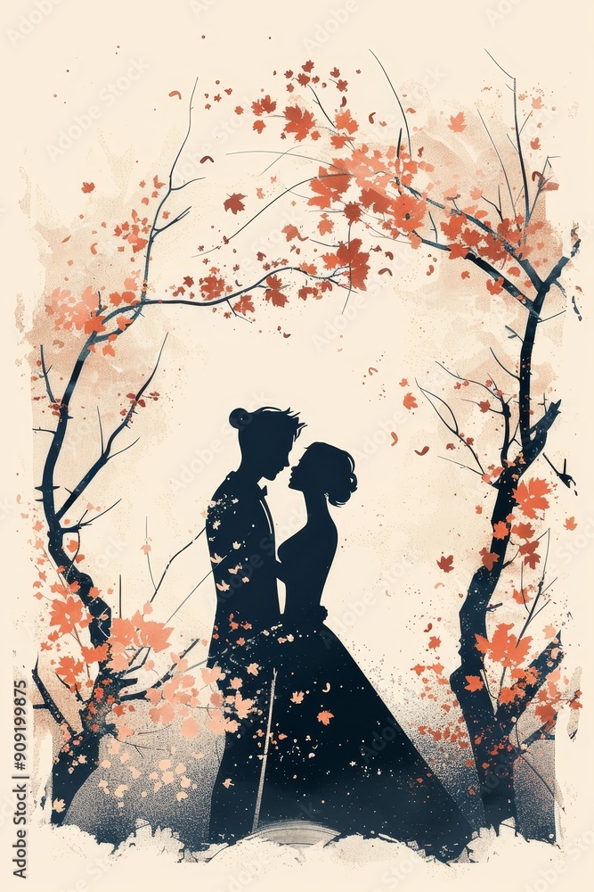 Autumnal Embrace: A Romantic Silhouette in Falling Leaves Autumnal Embrace: A Romantic Silhouette in Falling Leaves