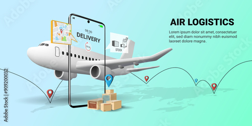 Global airplane shipping via mobile phone. Global Logistics transportation service concept. Airplane, Parcel box, Maps, Pin location, Air logistics, Warehouse, Cargo. 3D Vector illustration