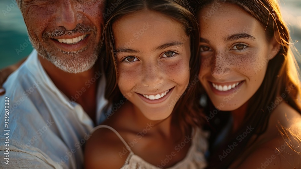 Happy family with a child on a beach at sunset