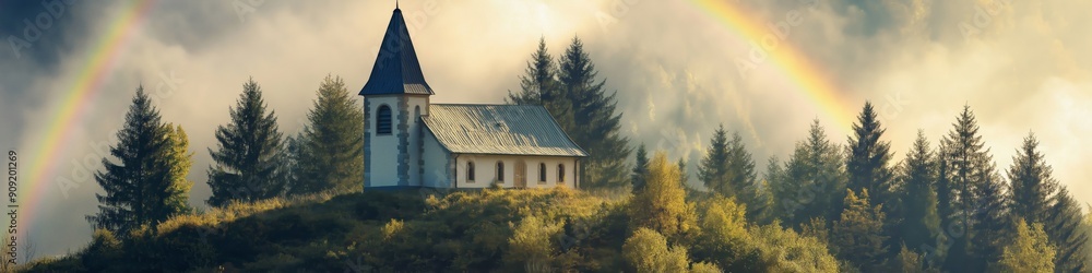 Obraz premium A church with a white roof and a rainbow in the sky. The church is surrounded by trees and the sky is cloudy