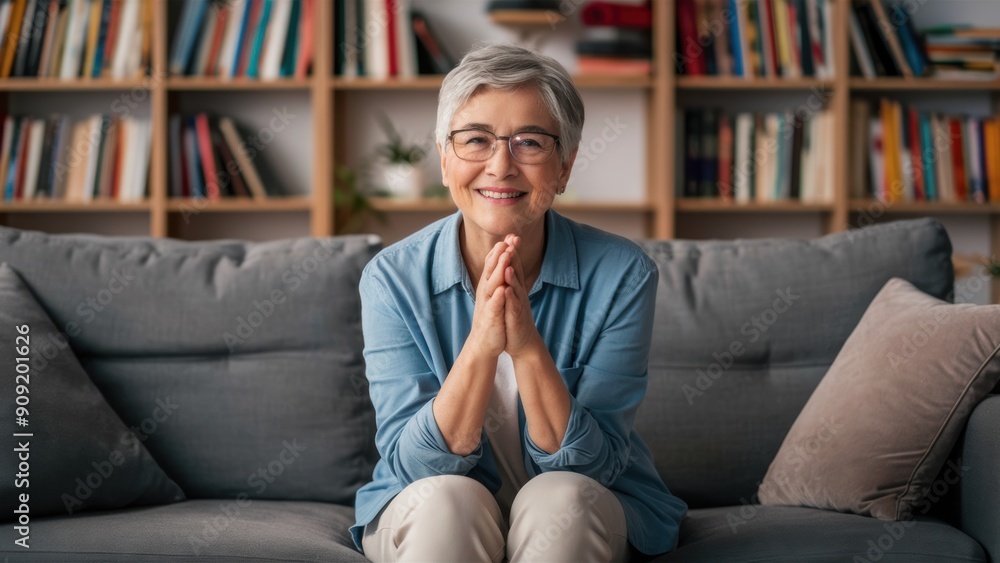 A woman sitting on a couch with her hands folded, AI A woman sitting on a couch with her hands folded, AI