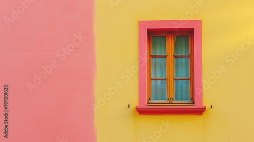On the freshly painted wall of a house there is a single closed window. Illustration for cover  card  postcard  interior design  banner  poster  brochure or presentation.