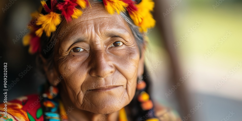 A Lifetime of Stories: A close-up portrait of an indigenous elder, her weathered face adorned with traditional floral headwear, conveys wisdom, resilience, and the passage of time. A Lifetime of Stories: A close-up portrait of an indigenous elder, her weathered face adorned with traditional floral headwear, conveys wisdom, resilience, and the passage of time.