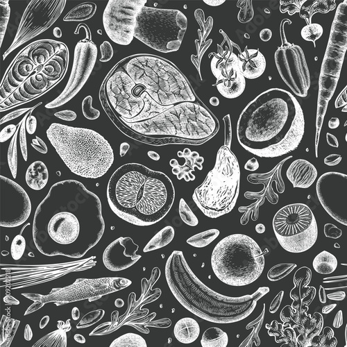 Paleo Diet Chalk Board Seamless Pattern. Vector Hand Drawn Healthy Food Background. Vintage Style Menu Illustration.