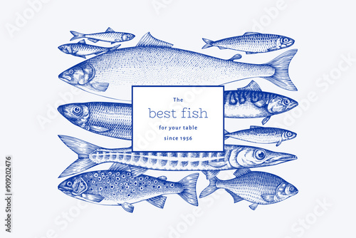 Vintage Style Fish Illustration. Vector Hand Drawn Seafood. High Quality Old Fashion Image