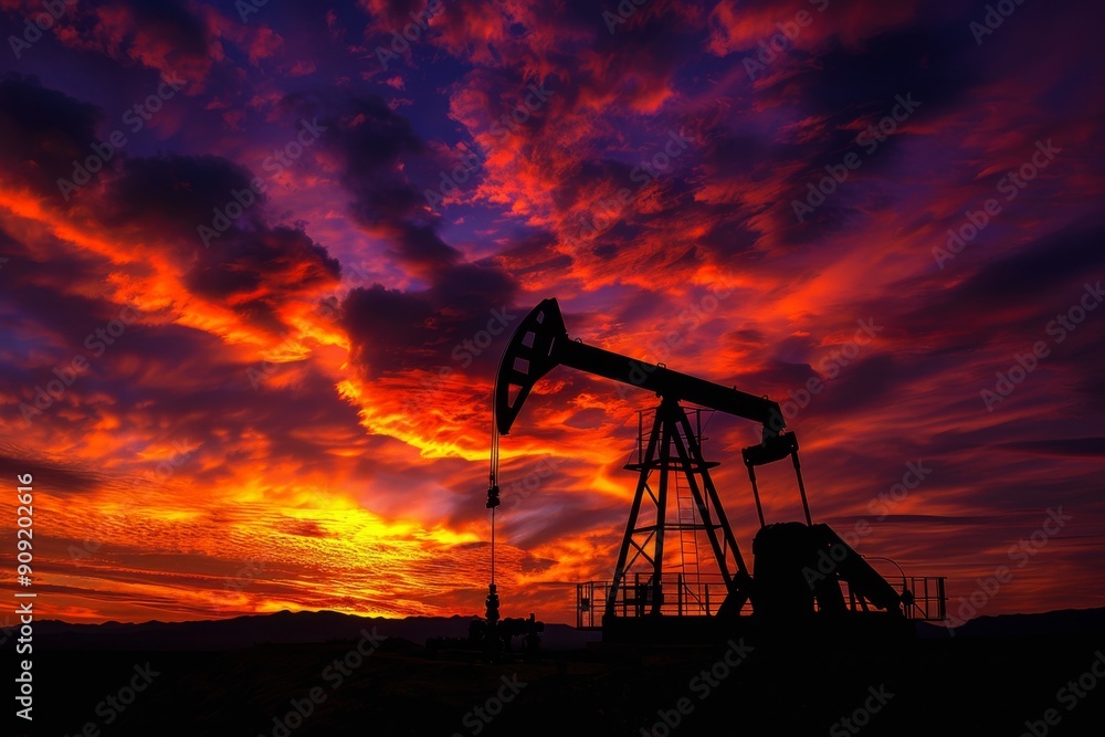Stunning sunset with silhouette of an oil pump jack. Vibrant colors in the sky create a dramatic scene. Perfect for industrial and nature themed projects. Digital artwork. AI Stunning sunset with silhouette of an oil pump jack. Vibrant colors in the sky create a dramatic scene. Perfect for industrial and nature themed projects. Digital artwork. AI