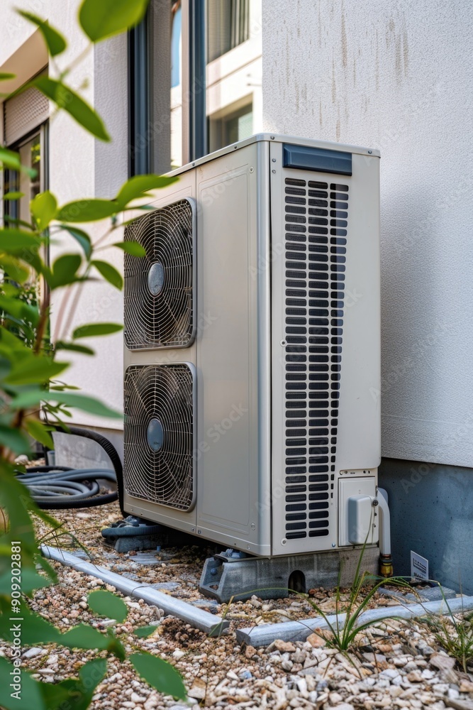 Two air conditioners sitting outside on the side of a building Two air conditioners sitting outside on the side of a building