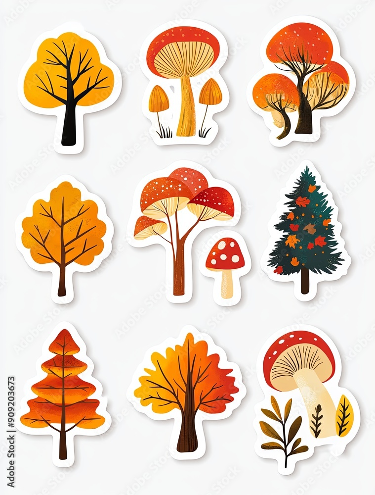 set of autumn stickers trees leaves and mushrooms on a white background. Colorful autumn illustrations of trees and mushrooms in various shapes colors set of autumn stickers trees leaves and mushrooms on a white background. Colorful autumn illustrations of trees and mushrooms in various shapes colors