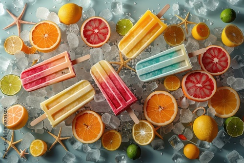 Several fruit flavored ice cream bars with lemons and oranges on the background