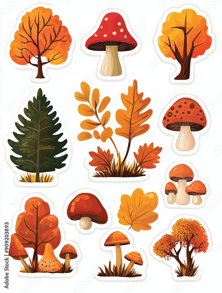 set of autumn stickers trees leaves and mushrooms on a white background. Colorful autumn illustrations of trees and mushrooms in various shapes colors set of autumn stickers trees leaves and mushrooms on a white background. Colorful autumn illustrations of trees and mushrooms in various shapes colors