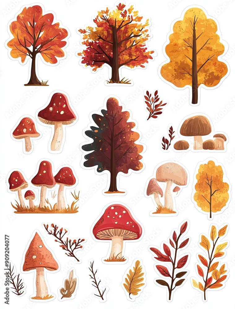 set of autumn stickers trees leaves and mushrooms on a white background. Colorful autumn illustrations of trees and mushrooms in various shapes colors set of autumn stickers trees leaves and mushrooms on a white background. Colorful autumn illustrations of trees and mushrooms in various shapes colors