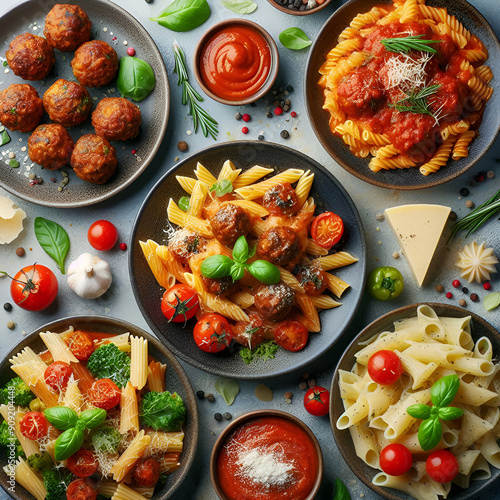 meatball pasta with tomato sauce basil leaves tomato and garlic photo