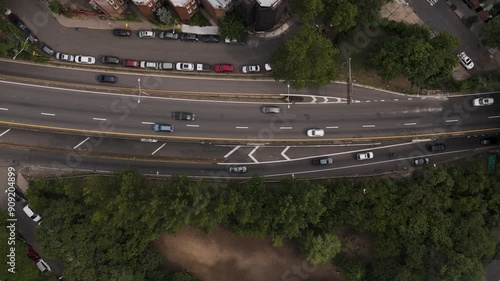 Top down aerial view of BQE car traffic during the cloudy summer day
