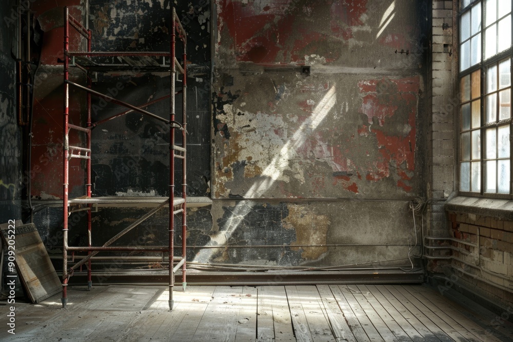 A room with temporary structures installed for renovation or construction purposes A room with temporary structures installed for renovation or construction purposes