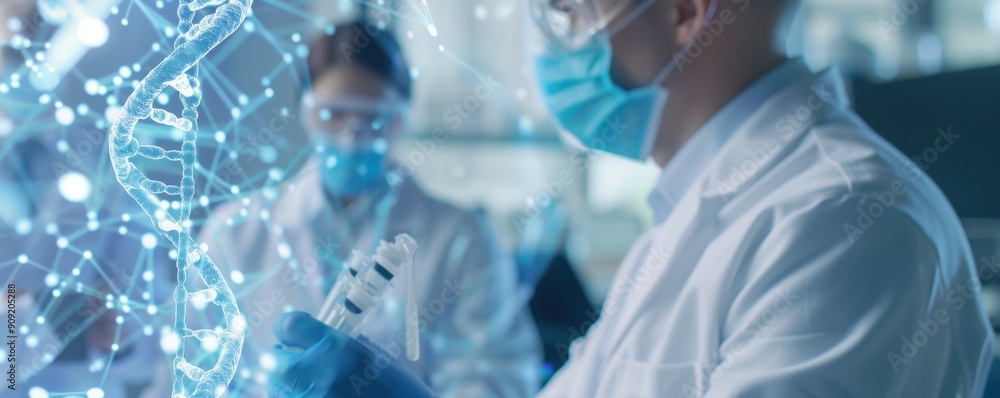 Scientists examining a holographic blueprint of a double helix DNA sequence in a high-tech lab Scientists examining a holographic blueprint of a double helix DNA sequence in a high-tech lab