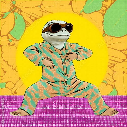 Animated Frog Dancing Happily in Stylish Outfit in Pop Art Style, 8 bit pixel graphics photo