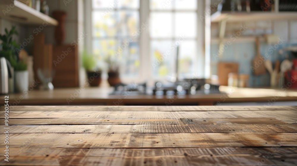 Blurred kitchen background with wooden table top for product display or design visual Blurred kitchen background with wooden table top for product display or design visual