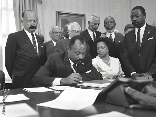 Historic moment as signatures are added to the Civil Rights Act of 1968, equality achieved. photo