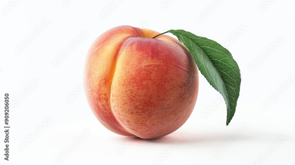 A fresh peach with a green leaf on a clean white surface A fresh peach with a green leaf on a clean white surface