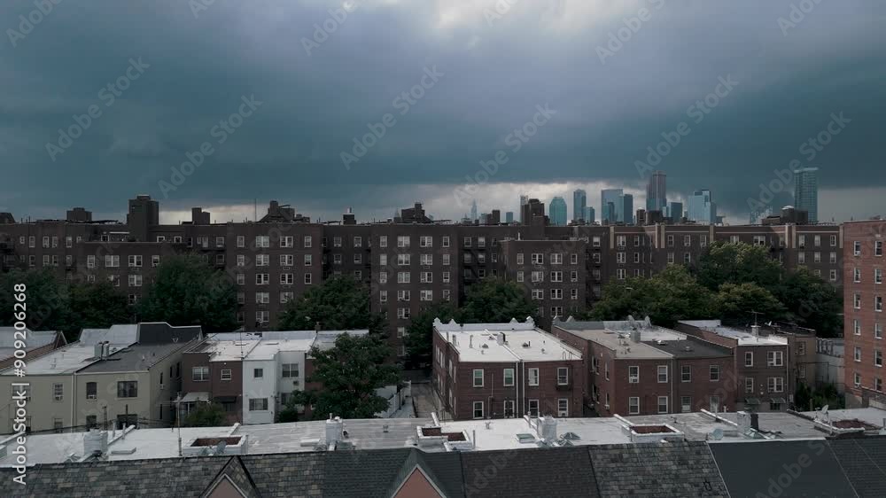 Lifting aerial shot of New York skyline before the storm Lifting aerial shot of New York skyline before the storm