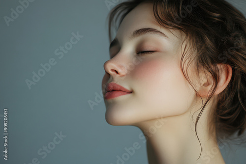 A close up of a girl's face with her eyes closed