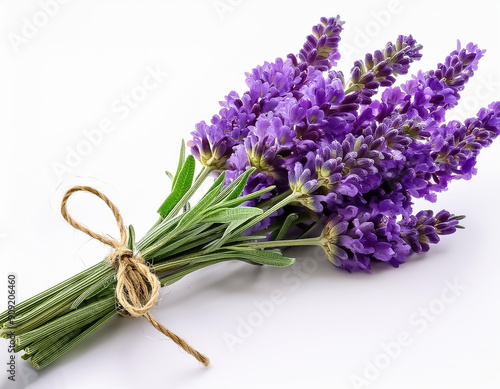 A close-up view of a lavender sprig with purple flowers and green leaves, isolated on a white background.