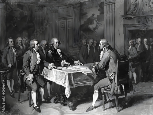 A group of people gathers around a table, signing a document called the Declaration. photo