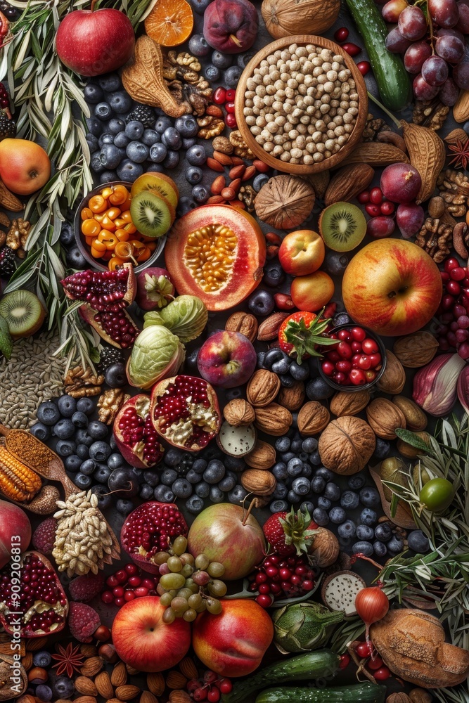 Delve into a wholesome tableau featuring vibrant fruits, vegetables, nuts, and grains against Delve into a wholesome tableau featuring vibrant fruits, vegetables, nuts, and grains against