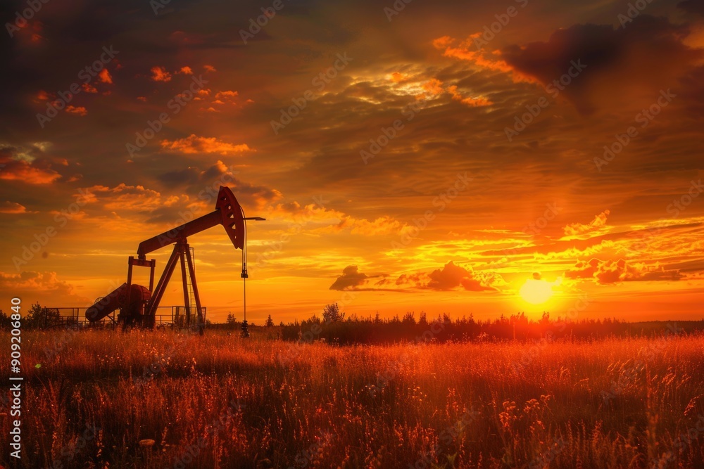An oil pump standing in a field with the sun setting behind it An oil pump standing in a field with the sun setting behind it