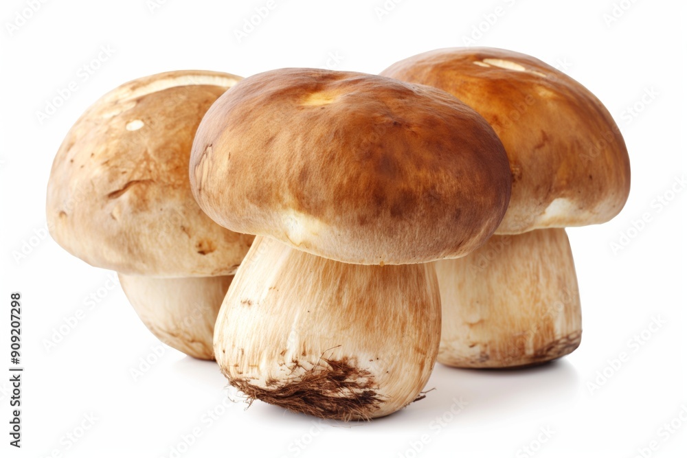Three mushrooms are sitting on a white background. They are brown and have a slightly fuzzy appearance. The mushrooms are arranged in a row, with the middle one slightly taller than the others Three mushrooms are sitting on a white background. They are brown and have a slightly fuzzy appearance. The mushrooms are arranged in a row, with the middle one slightly taller than the others