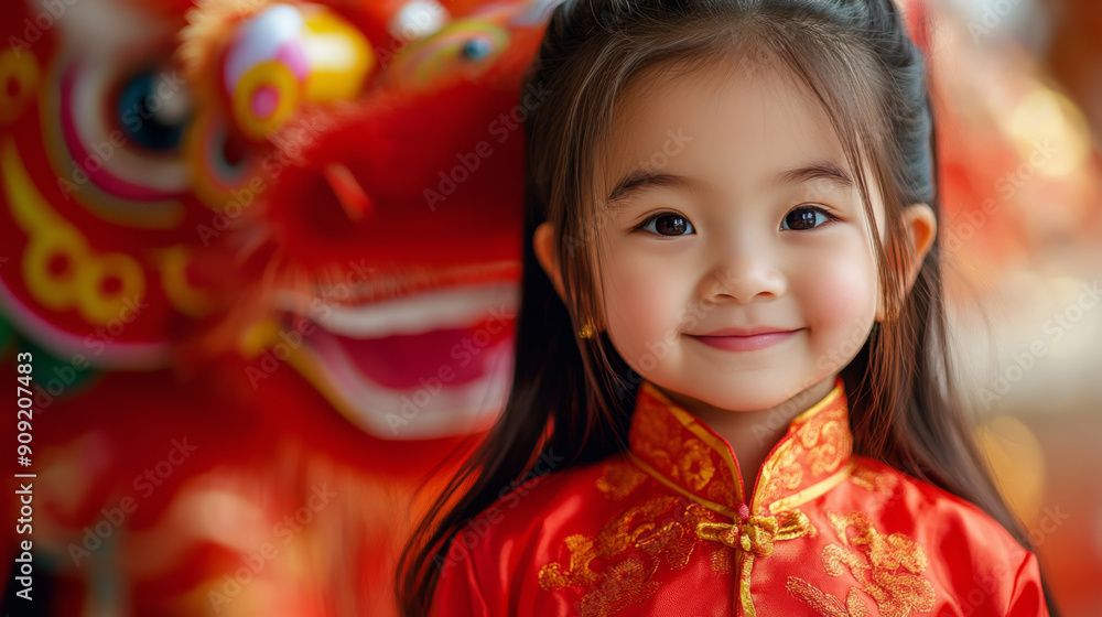 A little girl in a traditional red Chinese dress smiles next to a colorful dragon decoration. Ideal for celebrating Chinese New Year and cultural festivities. A little girl in a traditional red Chinese dress smiles next to a colorful dragon decoration. Ideal for celebrating Chinese New Year and cultural festivities.