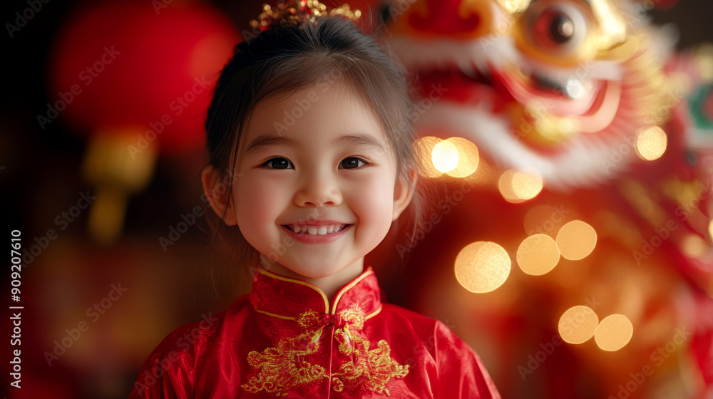 A little girl in a traditional red Chinese dress smiles next to a colorful dragon decoration. Ideal for celebrating Chinese New Year and cultural festivities. A little girl in a traditional red Chinese dress smiles next to a colorful dragon decoration. Ideal for celebrating Chinese New Year and cultural festivities.