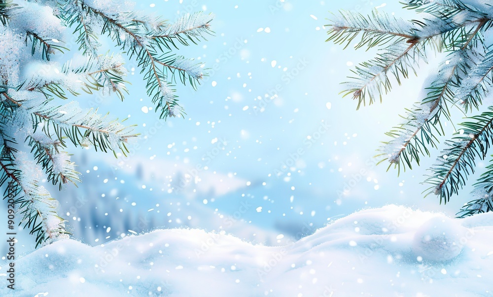 Snow covered pine branches and falling snowflakes on light blue background. Winter scene perfect for holiday card, seasonal banner and holiday poster. Snow covered pine branches and falling snowflakes on light blue background. Winter scene perfect for holiday card, seasonal banner and holiday poster.