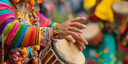 The Rhythm of Culture: Vibrant celebration with a close-up on hands playing a traditional drum, adorned with colorful clothing and bracelets.  photo