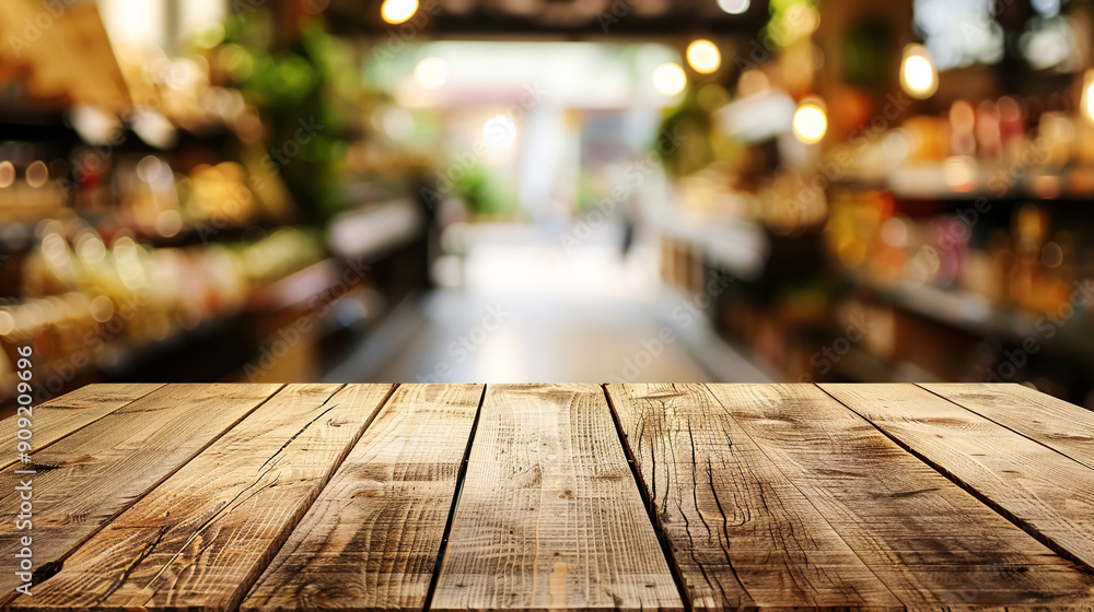 Empty wooden tabletop in front of colorful, blurred vegetable aisle in grocery store, perfect for displaying a product or advertising. Banner, copy space Empty wooden tabletop in front of colorful, blurred vegetable aisle in grocery store, perfect for displaying a product or advertising. Banner, copy space